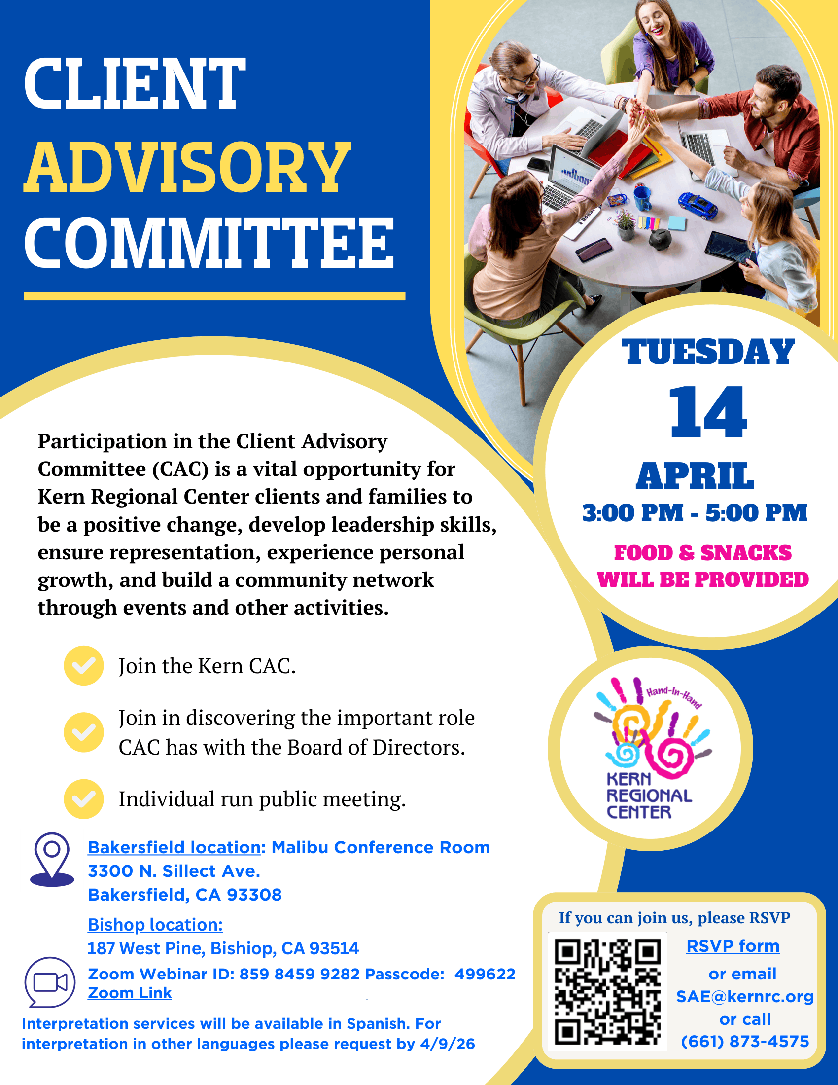 Client Advisory Committee Meeting ON April 14, 2026 from 3:00 PM-5 :00 PM. Zoom: https://us02web.zoom.us/j/85984599282?pwd=ZzKY22gGcoT30ZY74Z622b4467Epbb.1 Webinar ID: 859 8459 9282 Passcode:499622