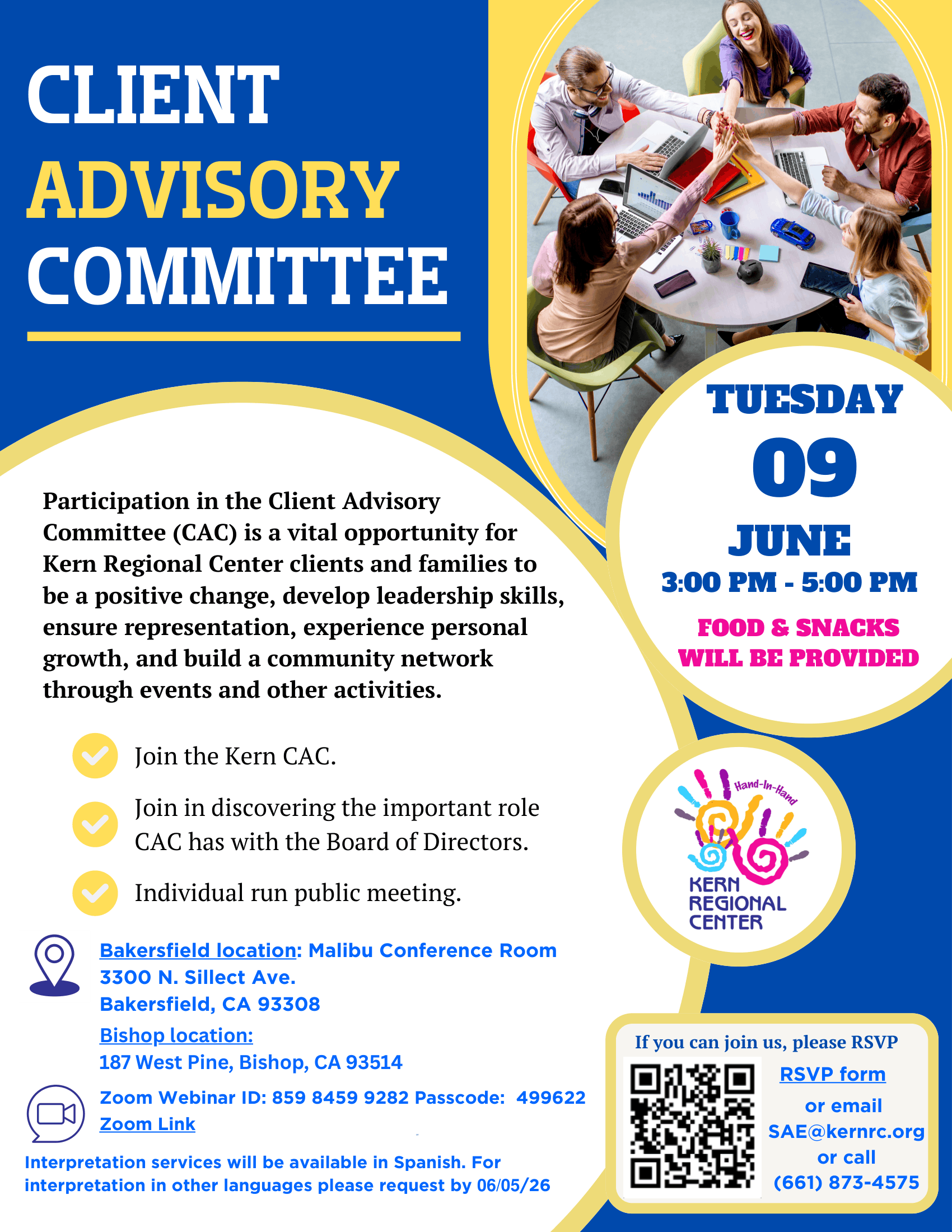 Client Advisory Committee Meeting June 09,2026 from 3:00 PM to 5:00 PM. Zoom link available. Webinar ID: 859 8459 9282 Passcode:499622